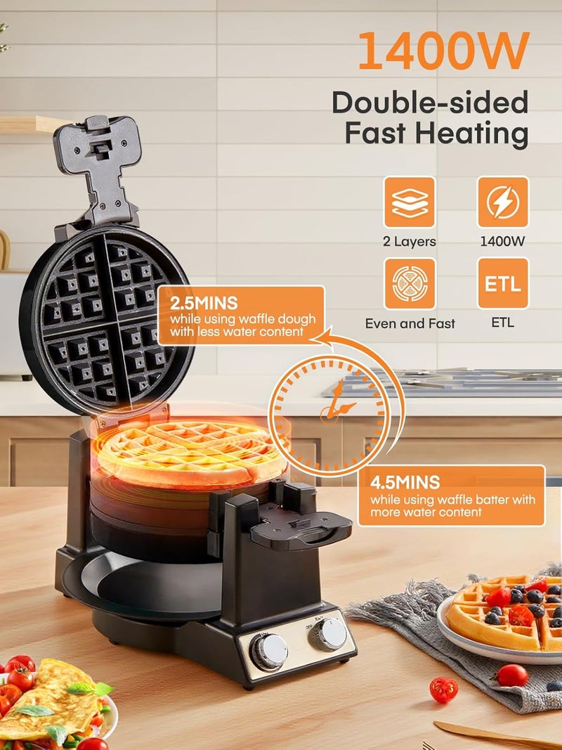 FOHERE 2-in-1 Omelette Maker&Waffle Maker, 1400W Omelet Waffle Maker 180° Flip, Adjustable Browning Control, Non-Removable & Nonstick Pans, Make Two Omelet and One Waffle at Once for Home (Dark Black) - Image 2